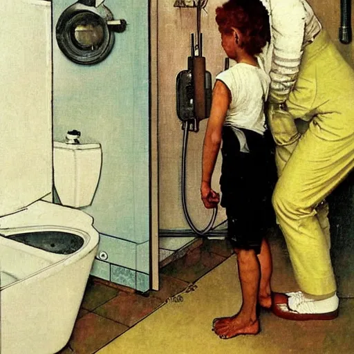 Image similar to A sci-fi woman examines the bathroom of a poor family. A painting by Norman Rockwell.