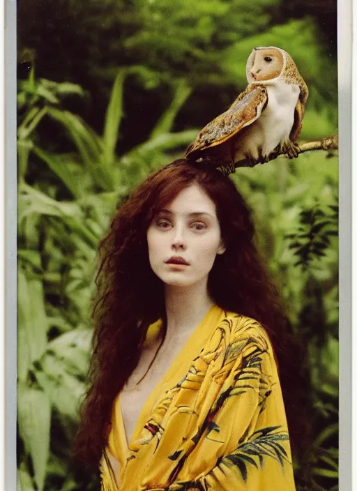 Prompt: Pre - raphaelit grainy head to shoulder portrait Polaroid film photograph of an elegant top model wearing a yellow kimono with a very detailed barn owl on her shoulder!!! sitting on a throne in a tropical greenhouse. looking at the camera!!. super resolution. Extremely detailed. Polaroid 600 film.