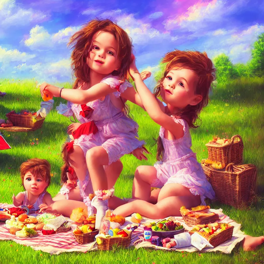 Image similar to epic professional digital portrait of 🧸🧺 picnic, for kids happy, cheerful, fun, kid safe, detailed, hdr, 4 k, best on wlop, pixiv, stunning, gorgeous, much wow, cinematic, masterpiece