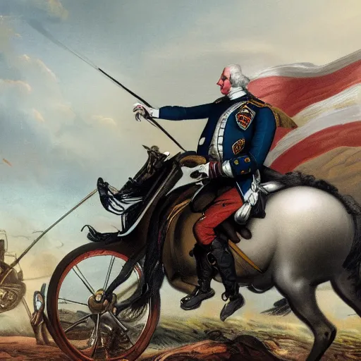 Prompt: George Washington riding a motorcycle into battle against the redcoats in the revolutionary war, epic, concept Art, detailed, 4K