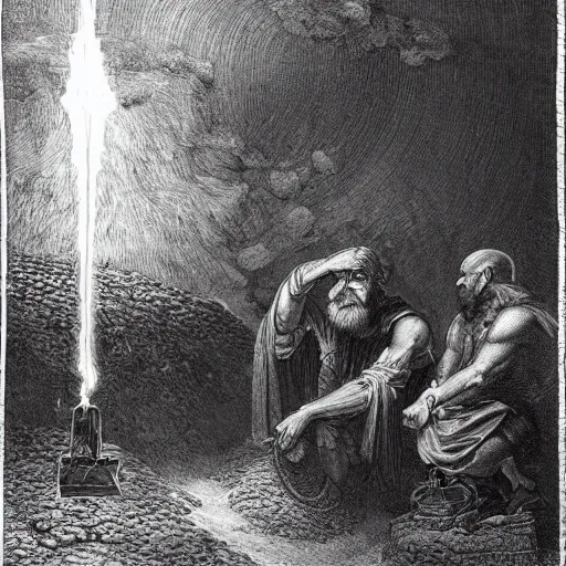 Prompt: God of forging and fire hephaistus creating the first artificial neural network in his volcanic laboratory, hephaistos has a beard and a red cape and is very strong, cinematic lighting, dark background, gustave dore painting