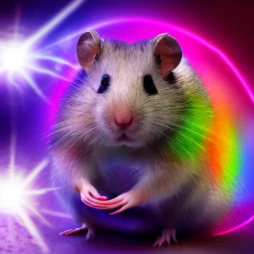 Image similar to cyberpunk hamster! holding rainbow! gem! crystal, neon lights, light reflection, 8 k, hd