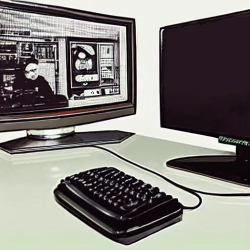 Image similar to slightly blurry and grainy photographic proof of a 8 0 s 8 bit homecomputer and peripherals and tv monitor that never was released tp the public.