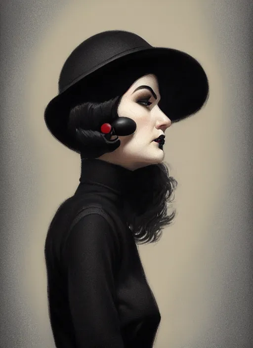 Image similar to portrait of a round faced woman with a crooked nose and a confident expression, 1 9 6 0 s, black clothes, goth, punk, funk, intricate, elegant, highly detailed, digital painting, artstation, concept art, smooth, sharp focus, illustration, art by wlop, mars ravelo and greg rutkowski