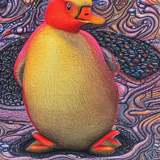 Image similar to Colored pencil art on paper, Magma Lava Duck, highly detailed, artstation, MasterPiece, Award-Winning, Caran d'Ache Luminance