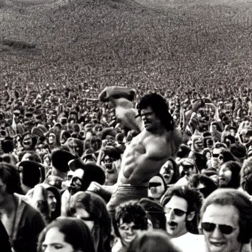 Image similar to hulk performing at woodstock, crowd of people