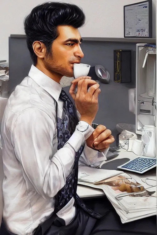 Image similar to a clean - shaven persian man drinking coffee from a paper cup at his work cubicle in front of a computer, by artgerm and yoshitaka amano, trending on artstation