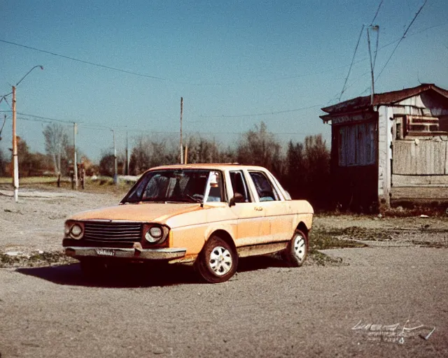 Image similar to a lomographic photo of old lada 2 1 0 7 standing in typical soviet yard in small town, hrushevka on background, cinestill, bokeh