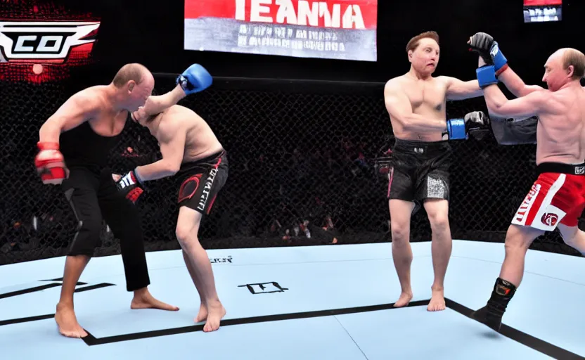 Image similar to Elon musk fighting Vladimir Putin in the MMA octagon, cinematic shot