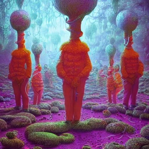 Image similar to hyperdetailed psychedelic horror fantasy portrait of garden gnomes by wayne barlowe and beeple, vivid color, album cover,