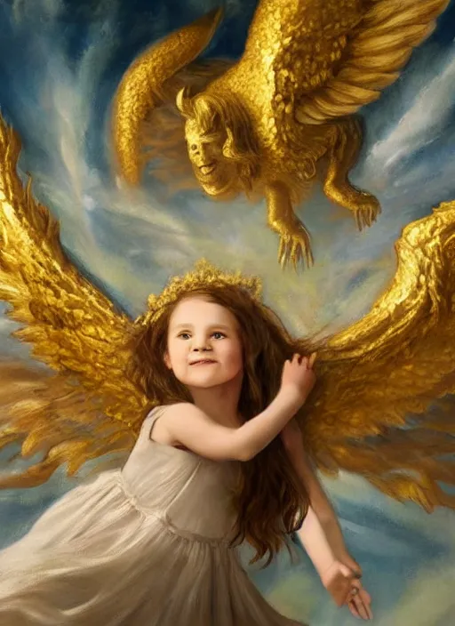 Image similar to a young girl holding the head of a monster, flying in the sky surrounded by angels, extremely realistic and highly detailed painting, soft light, gold ratio