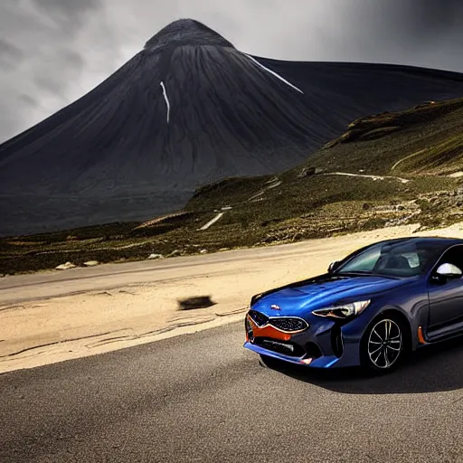 Prompt: kia stinger gt driving towards mount doom | eye of sauron watching over in the background | wide angle photograph | high resolution