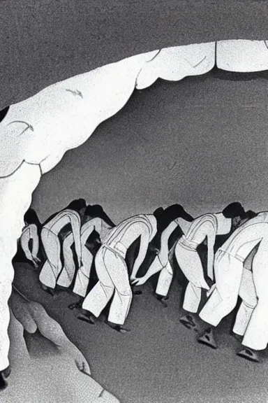 Image similar to A vintage scientific illustration from the 1970s of humans forming caves with their bodies