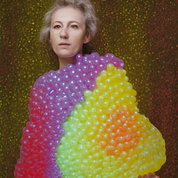 Prompt: a closeup portrait of a woman wrapped in colorful bubble wrap, standing in front of a black forest, color photograph, by vincent desiderio, canon eos c 3 0 0, ƒ 1. 8, 3 5 mm, 8 k, medium - format print