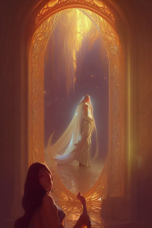 Prompt: painting of a shy noon in front of a dimensional portal, decorated, intricate, elegant, highly detailed, digital painting, artstation, concept art, smooth, sharp focus, illustration, art by artgerm and greg rutkowski and alphonse mucha, 8 k