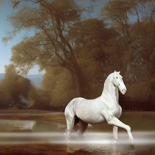 Prompt: an all white horse, with no facial features, like a white mask pulled over their face, full body laying in a blood red pool of water between a golden mirror frame, outside is space at the bohemian grove and inside the mirror frame is a beautiful landscape., physically accurate, dynamic lighting, intricate, elegant, highly detailed, very very Roberto Ferri, sharp focus, very very unsettling, very terrifying, illustration, art