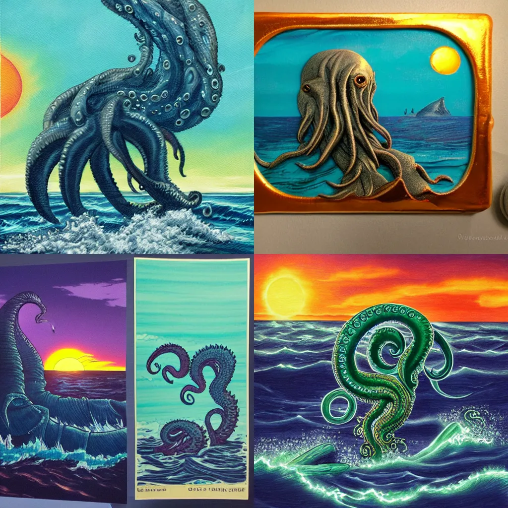 Prompt: 'cthulu rises from the sea' + 'ocean sunset' chimera