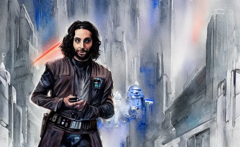 Image similar to a realistic star wars watercolor fantasy concept cart of chris d'elia as a drug dealer in a sleazy futuristic city of coruscant, hq, 4 k