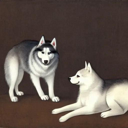 Prompt: Husky siberiano, Itō Jakuchu, 1790, hanging out with gray cat, drums