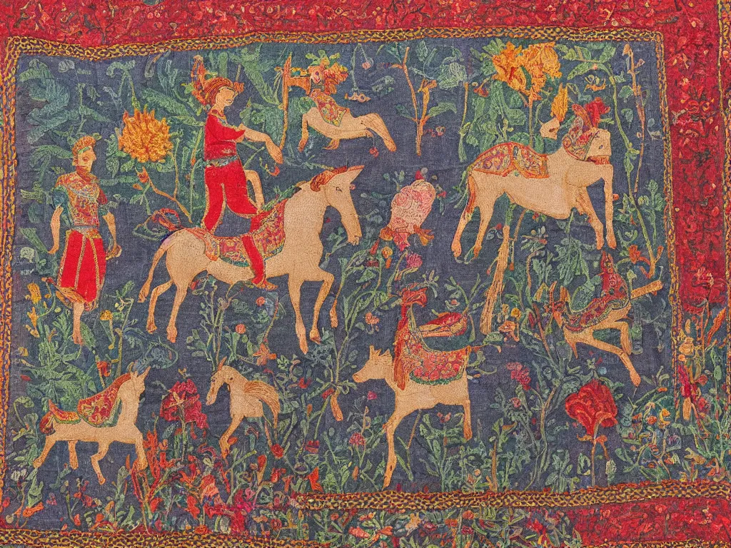 Prompt: Embroidered Central Asian tapestry depicting a unicorn in the garden of Eden