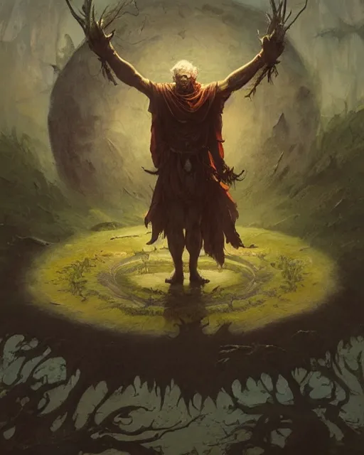 Image similar to a druid standing in a circle at the beginning of the world by greg rutkowski and frank frazetta and peter mohrbacher and william blake and ruan jia