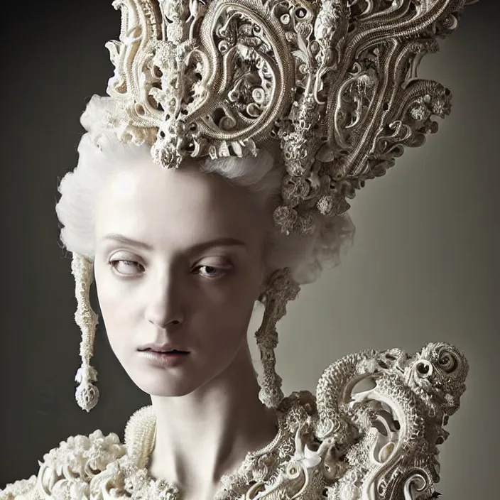 Prompt: photo portrait of a beautiful woman like a queen-ethereal-angel, dressed in long elegant intricate ornamental baroque white dress, intricate fractal highly detailed baroque ornament in the upper side of breast, bust with a very long neck , elegant, highly detailed intricate baroque ornament in her hair, Realistic, Refined, Highly Detailed, Cinematic cold Lighting, fine art photography by Paolo Roversi, volumetric studio lighting, hyper realistic photography