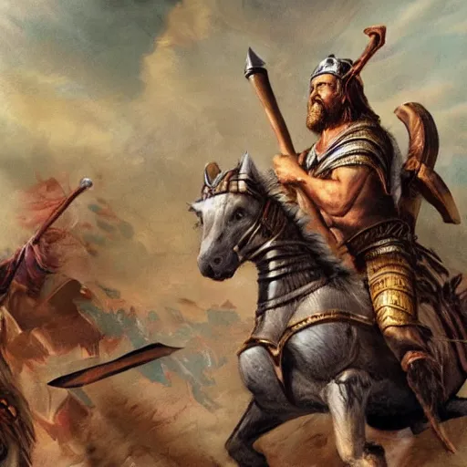 Prompt: Alex Jones as an ancient barbarian king, riding a horse into battle with an axe