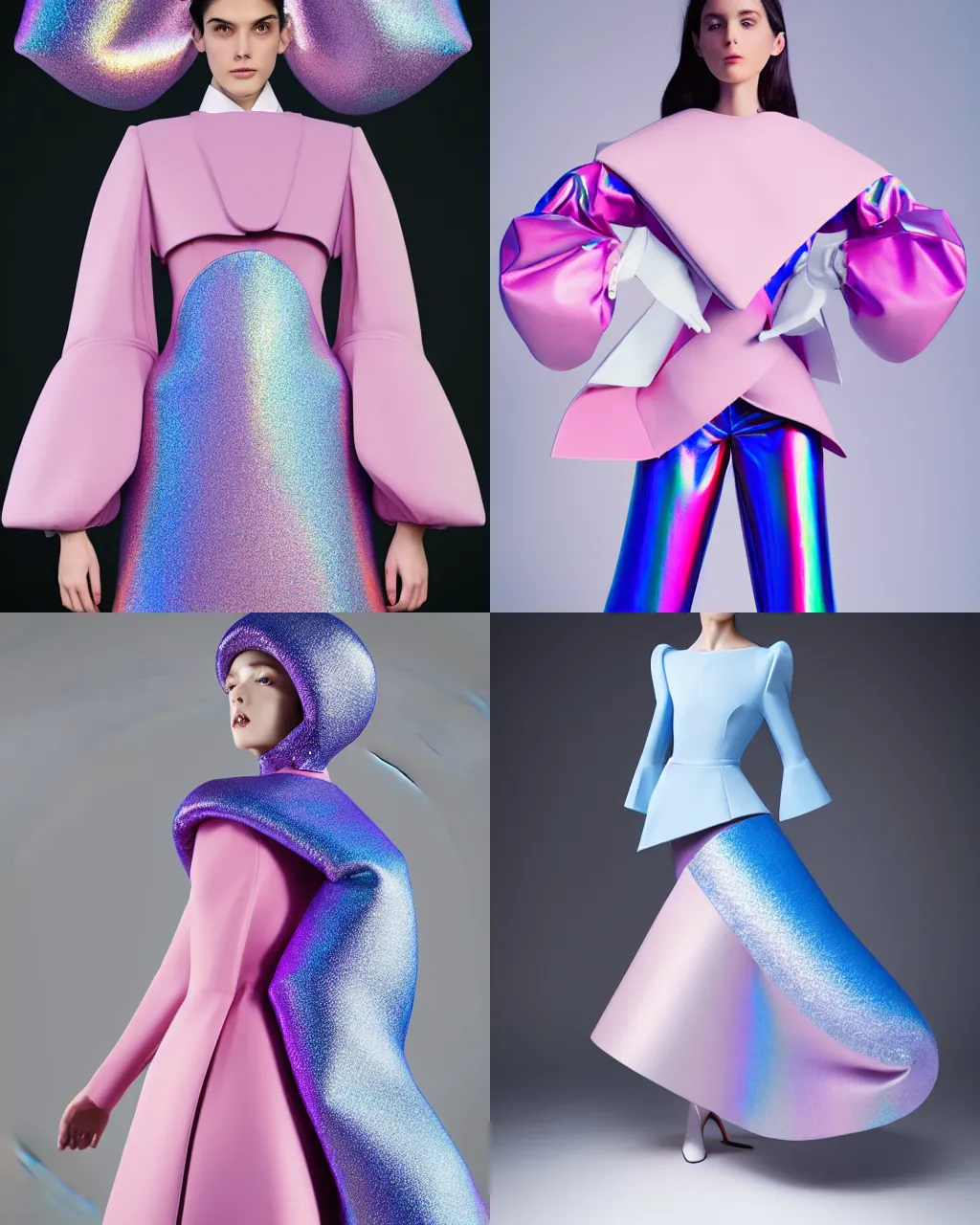 Prompt: ball shaped accordion sleeve haute couture, sailor uniform, coat, synthetic curves striking pose, dynamic folds, cute pockets, volume flutter, youthful, modeled by modern designer bust, body fit, award fashion, picton blue, petal pink gradient scheme, holographic tones, expert composition, professional retouch, editorial photography