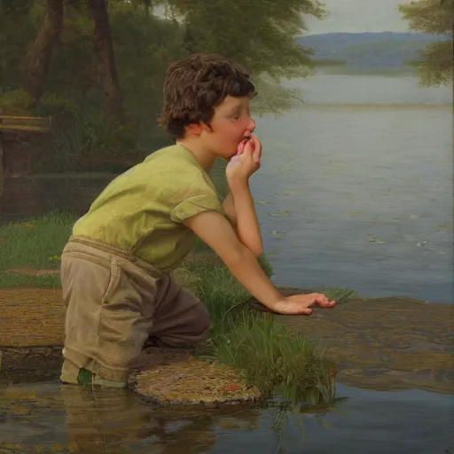 Image similar to in the style of William Whitaker, a boy is Looking at the lotus in the lake,very high details, facial details, Realism painting, 4K ,