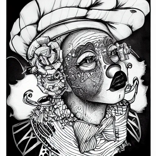 Image similar to black ink on paper, clown, trending on artstation, beautiful, intricate, detailed