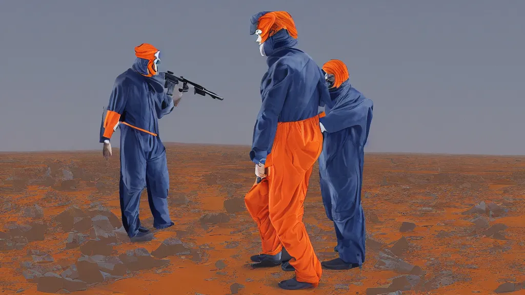 Prompt: Donald Trump wearing an orange jumpsuit captured by ISIS militants in the desert, Kodak film photo, 8k, highly detailed, artstation