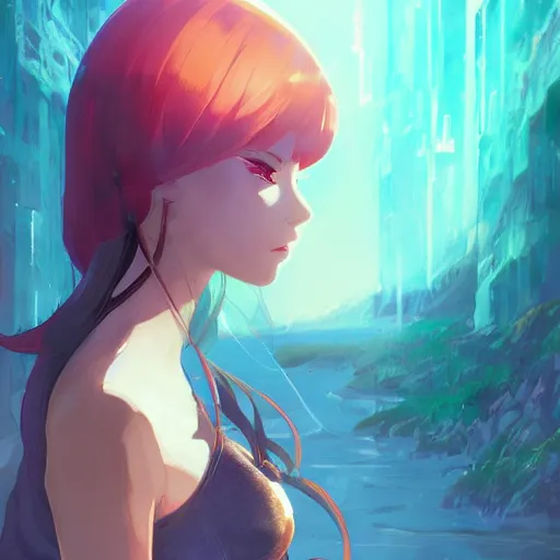 Image similar to long shot fantasy woman in armor looking her reflection in water girl miss attractive eye catching official fanart behance hd artstation, mystic, by Rossdraws and Jesper Ejsing, by Makoto Shinkai and Lois van baarle, ilya kuvshinov