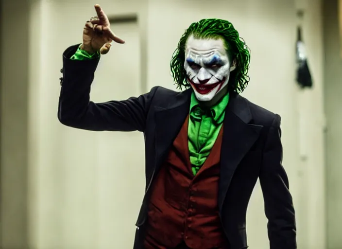 Image similar to film still of ezra miller as the joker in the new batman movie, 4 k