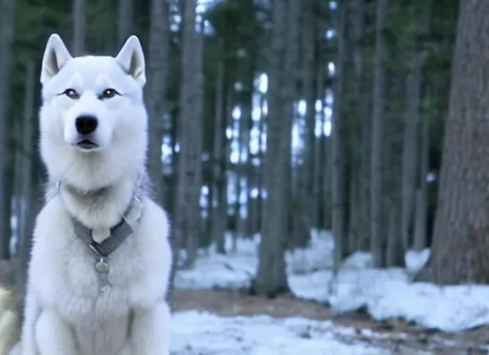 Image similar to film still of an anthropomorphic standing upright man dog white vested husky!!!!!! in a white vest wearing a white vest!!!!! in the new sci - fi movie, 8 k