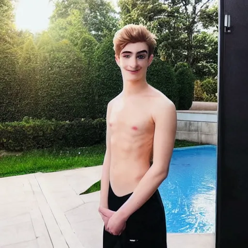 Image similar to “a realistic detailed photo of a guy who is an attractive humanoid who is half robot and half humanoid, who is a male android, twitch streamer Ninja Tyler Blevins, shiny skin, posing like a statue, blank stare, by the pool as a pool boy , display”