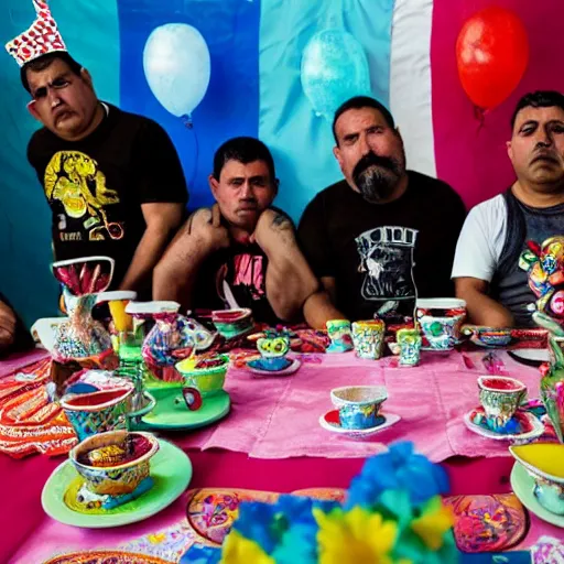 Prompt: wide-angle photo of the Juarez Cartel at a kid’s tea party, high detail, National Geographic 2022, award winning photography, 8k