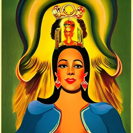 Prompt: portrait of a Colombian gold goddess, Soviet propaganda poster