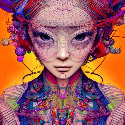 Image similar to the face of a ridiculously beautiful and pretty japanese girl partially made of onion rings of all colors looking down, an ultrafine detailed illustration by james jean, final fantasy, intricate linework, bright colors, behance contest winner, vanitas, angular, altermodern, unreal engine 5 highly rendered, global illumination, radiant light, detailed and intricate environment