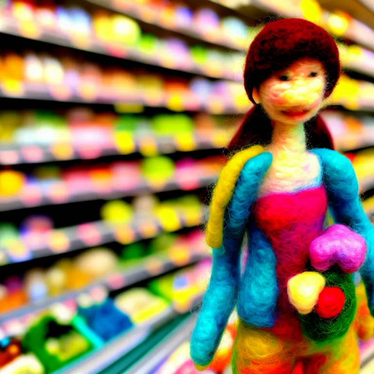 Prompt: needle felted person at supermarket, highly detailed, tilt shift, cute, hyperrealism, highly textured, god rays