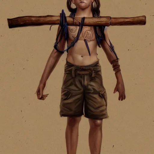 Prompt: highly realistic full body art, boy with brown hair and brown eyes, a wooden bow on his back, highly detailed and intricate, concept art illustration