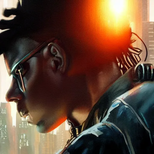 Image similar to cyberpunk, closeup portrait of a playboi carti, dramatic light, city background, sunset, dystopian setting, high contrast, sharp, neuromancer, henry dorsett case, painted by stanley lau, painted by greg rutkowski, painted by stanley artgerm, digital art, trending on artstation