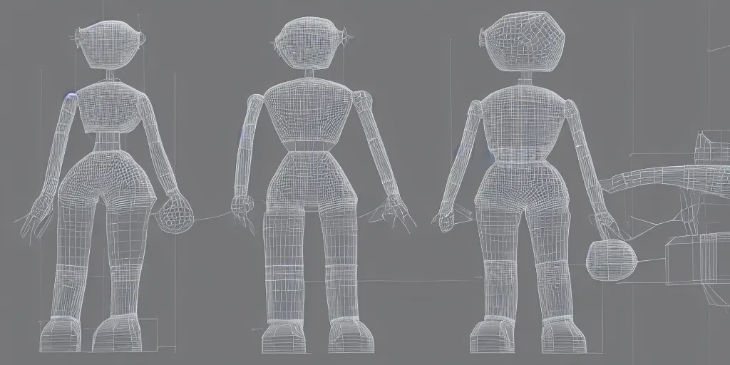 Image similar to highly detailed schematic, technical drawing, orthographic view, 3d wireframe, Japanese robot geisha, split 4 view, blender screenshot