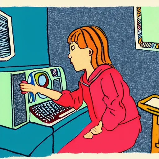 Image similar to illustration of Punky Brewster programming a 1980s desktop computer by Elsa Beskow