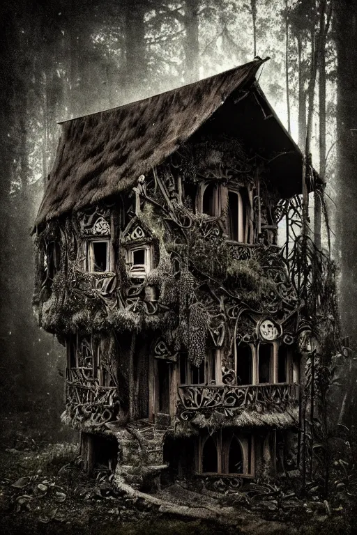 Image similar to a wet plate photograph of a ramshackle multistory fairytale hut in the forest, intricate, elegant, fantasy, highly detailed, overcast lighting, sharp focus
