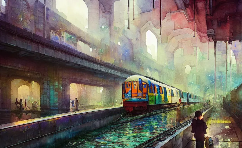 Prompt: an urban train rides inside of a waterway on a fantasy city. intricate, amazing composition, colorful watercolor, by ruan jia, by maxfield parrish, by marc simonetti, by hikari shimoda, by robert hubert, by zhang kechun, illustration, gloomy