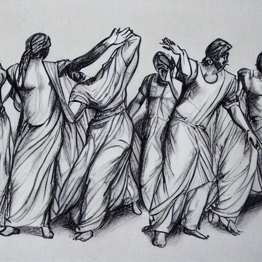 Image similar to a gesture draw of people in Biblical clothing dancing. Gesture draw, pen