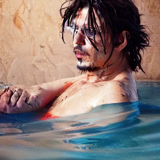 Prompt: johnny depp in a pool full of chip dip, ultra high detailed, oil painting, greg rutkowski, charlie bowater, yuumei, yanjun cheng, unreal 5, daz, hyperrealistic, octane render, rpg portrait, dynamic lighting