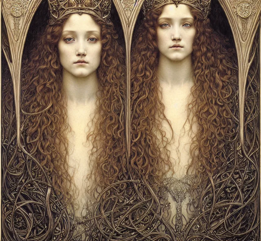 Image similar to detailed realistic beautiful young medieval queen face portrait by jean delville, gustave dore and marco mazzoni, art nouveau, symbolist, visionary, gothic, pre - raphaelite. horizontal symmetry