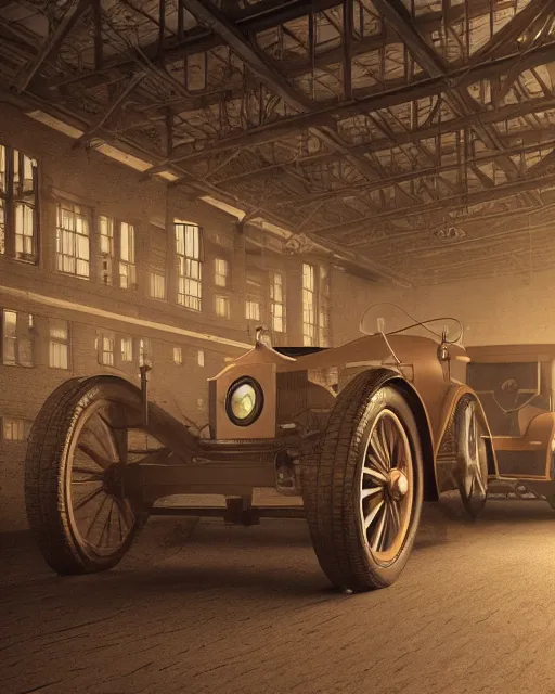 Image similar to interior of historic large factory with luxury cars of 1920s, volumetric lighting, sepia tones, hyper realism, high detail, octane render, high contrast , 8k