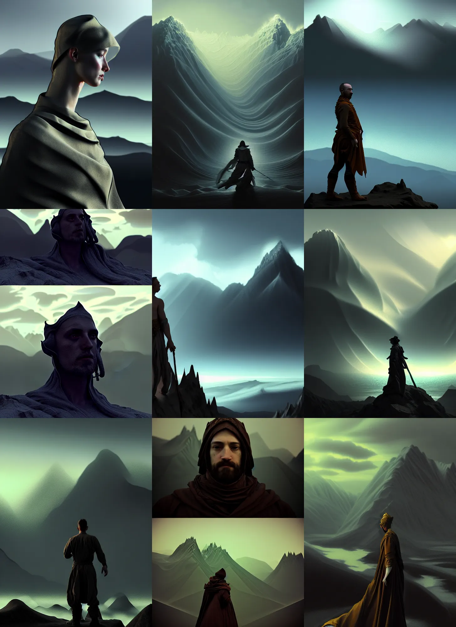 Prompt: turbulence filter, simulation, costume design made by complexity, sophisticated composition, old masters light composition, procedurally generated, drama character posing for concept art, dramatic mountains behind, substance designer, PBR, HD, Ultra detailed, hyperrealistic, megascans, volumetric light, concept by master artist, made in paint tool SAI2, trending pixiv aesthetic face